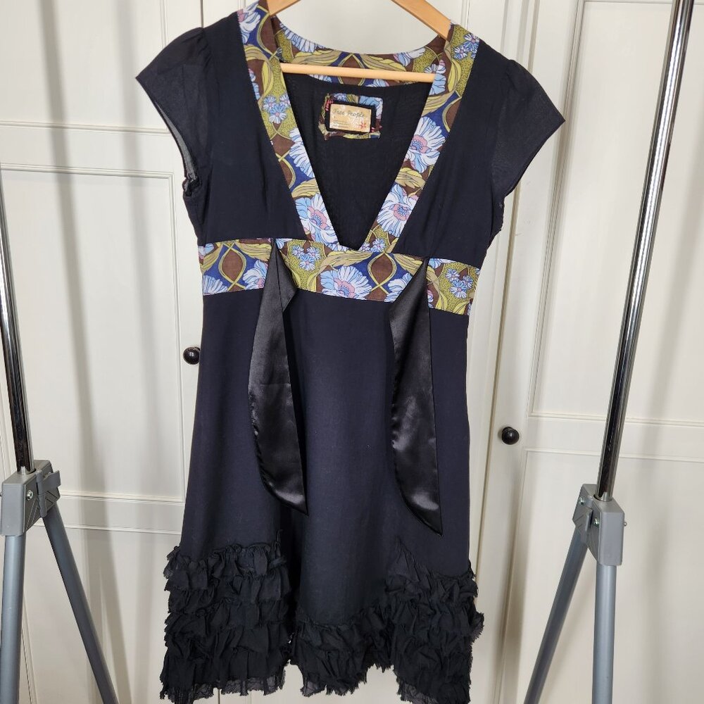 Free People ruffle black and floral hem dress with front tie, size 2